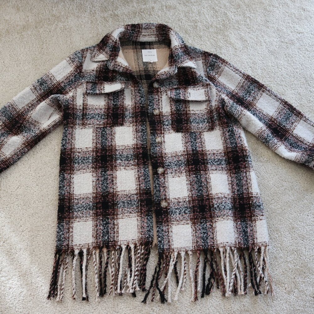 Avec Les Filles Plaid Fringe Jacket - Brown and Cream